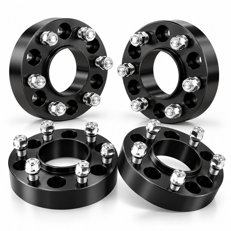 Vypart 4-piece black 6x135 wheel spacer set with M14x1.5 studs and lug nuts on a white background