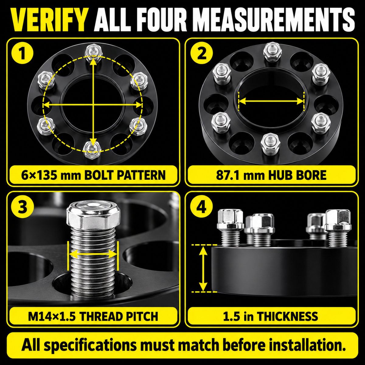 Vypart wheel spacer fitment measurement guide for 6x135, 87.1 mm hub bore, M14x1.5 threads, and 1.5-inch thickness