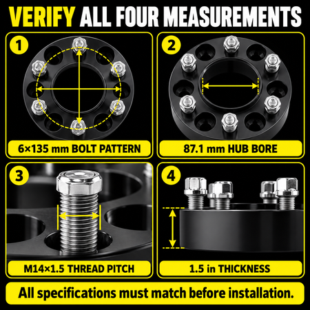 Vypart wheel spacer fitment measurement guide for 6x135, 87.1 mm hub bore, M14x1.5 threads, and 1.5-inch thickness