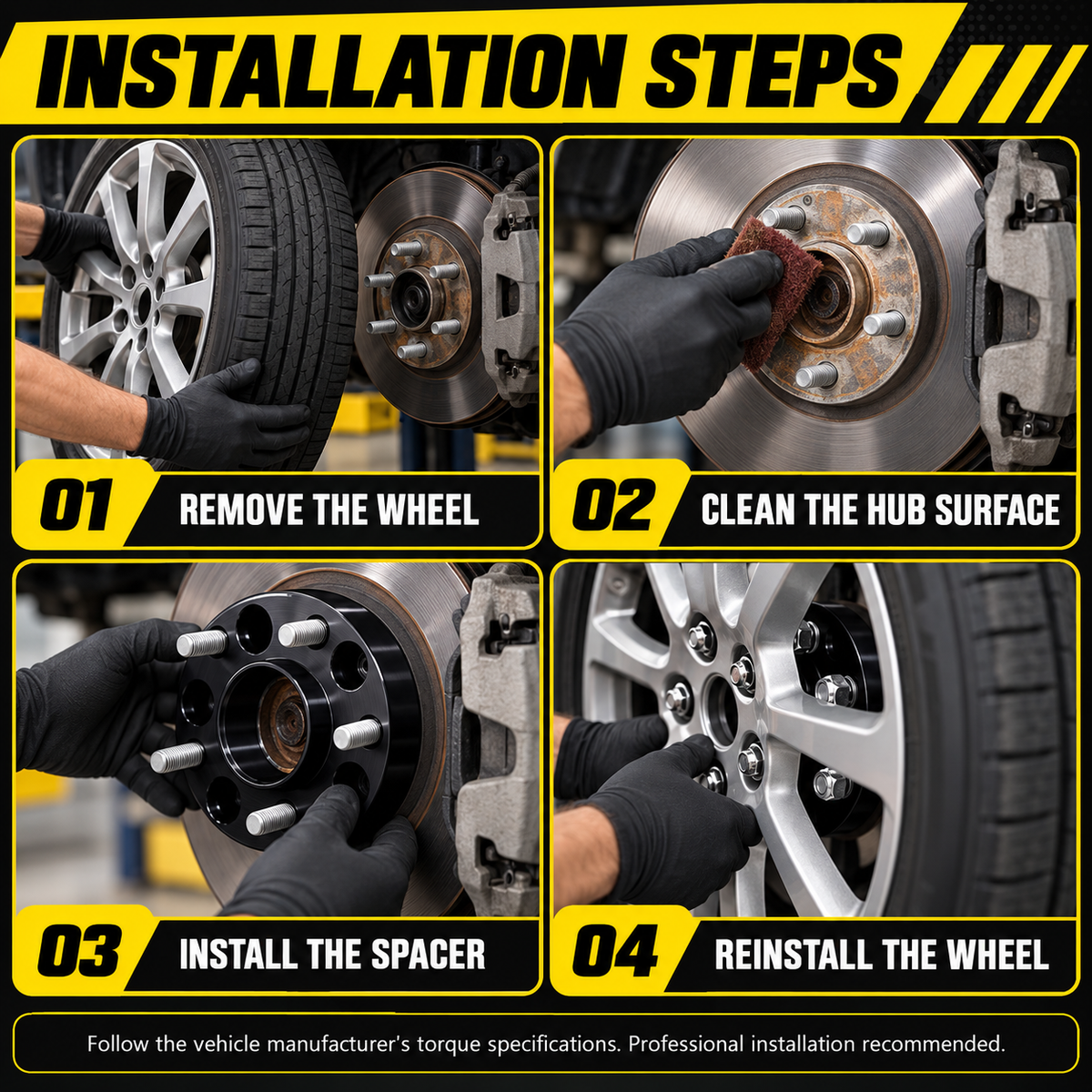 Four-step wheel spacer installation guide: remove wheel, clean hub, install spacer, and reinstall wheel
