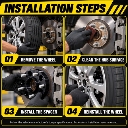 Four-step wheel spacer installation guide: remove wheel, clean hub, install spacer, and reinstall wheel