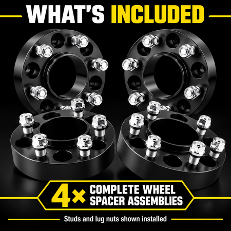 Four complete Vypart 6-lug wheel spacer assemblies with installed studs and lug nuts