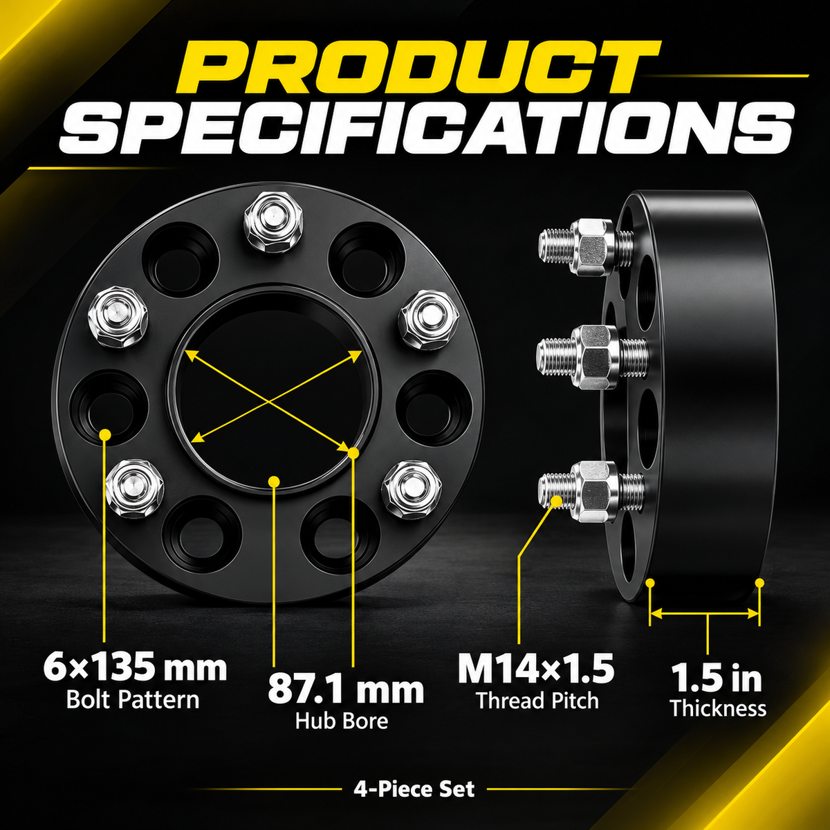 Vypart wheel spacer specifications: 6x135 bolt pattern, 87.1 mm hub bore, M14x1.5 thread pitch, and 1.5-inch thickness