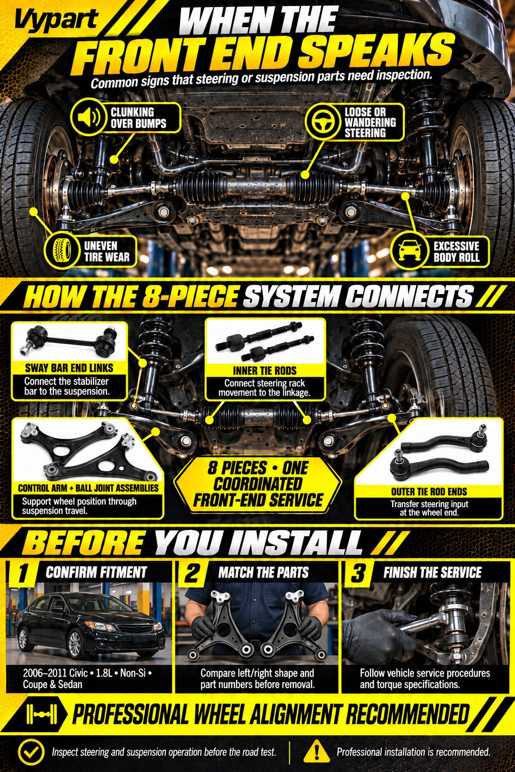 Vypart 8-piece front suspension system guide for 2006-2011 Honda Civic 1.8L Non-Si with control arm assemblies, inner and outer tie rods, sway bar links, symptoms and installation checks