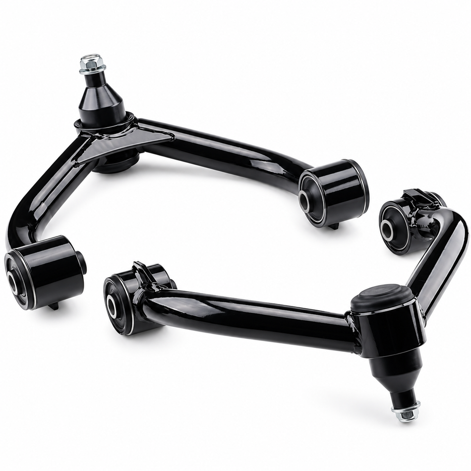 Vypart black front upper control arm pair with installed ball joints and mounting bushings on white