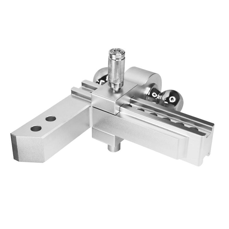 Close-up detail of the two different sized tow balls on the Vypart aluminum hitch, highlighting versatility