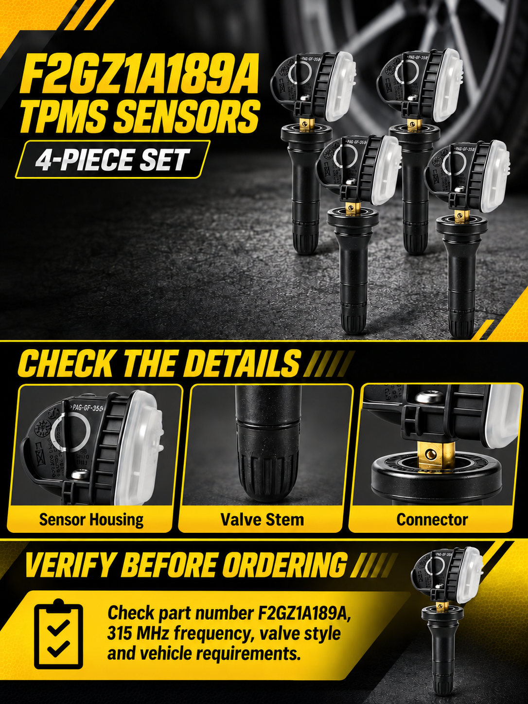 Vypart F2GZ1A189A TPMS sensors 4-piece A+ guide showing sensor housing, valve stem, connector and 315 MHz fit check