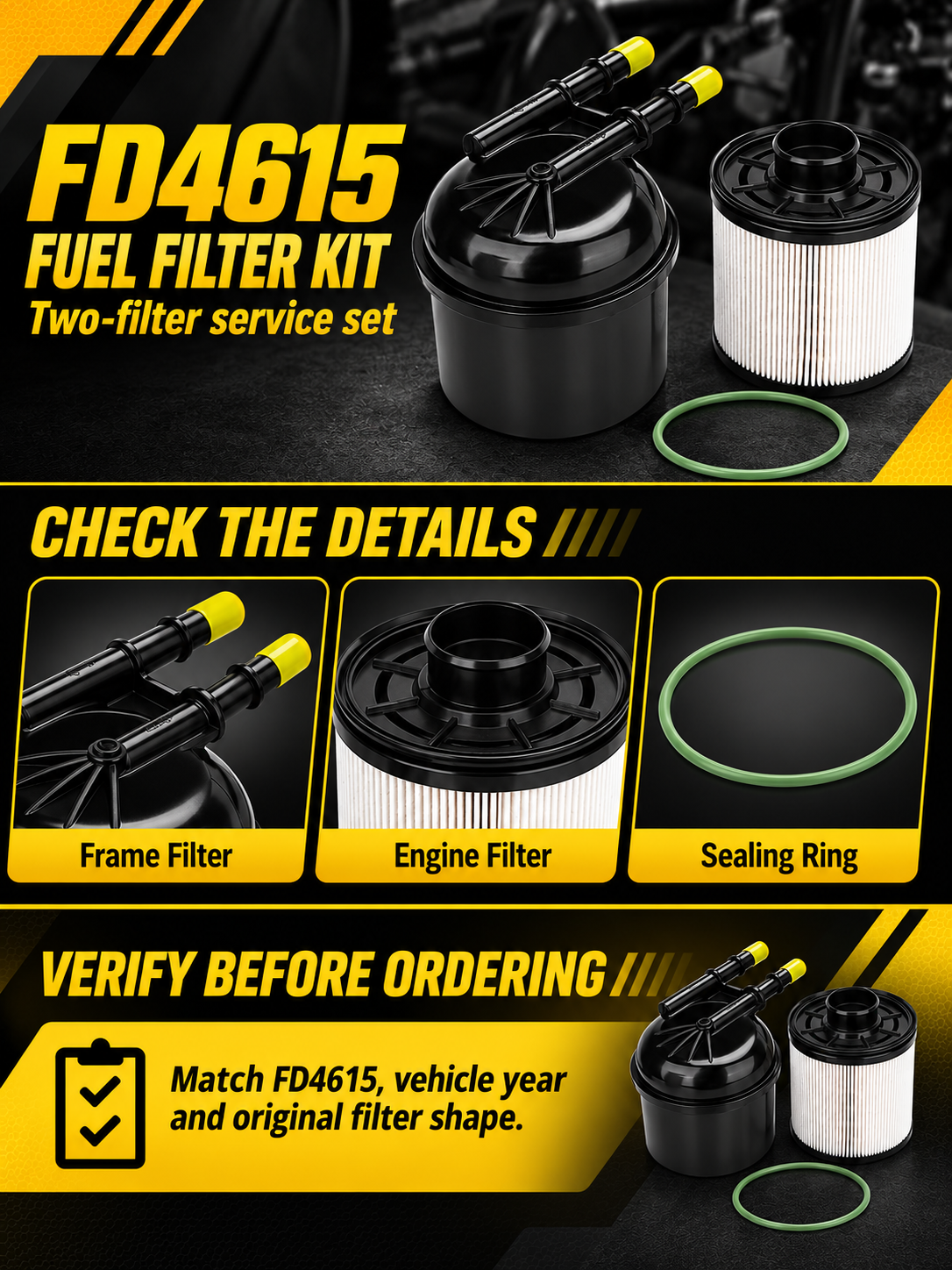 Vypart FD4615 fuel filter kit A+ guide showing frame filter, engine filter, green sealing ring and fitment check