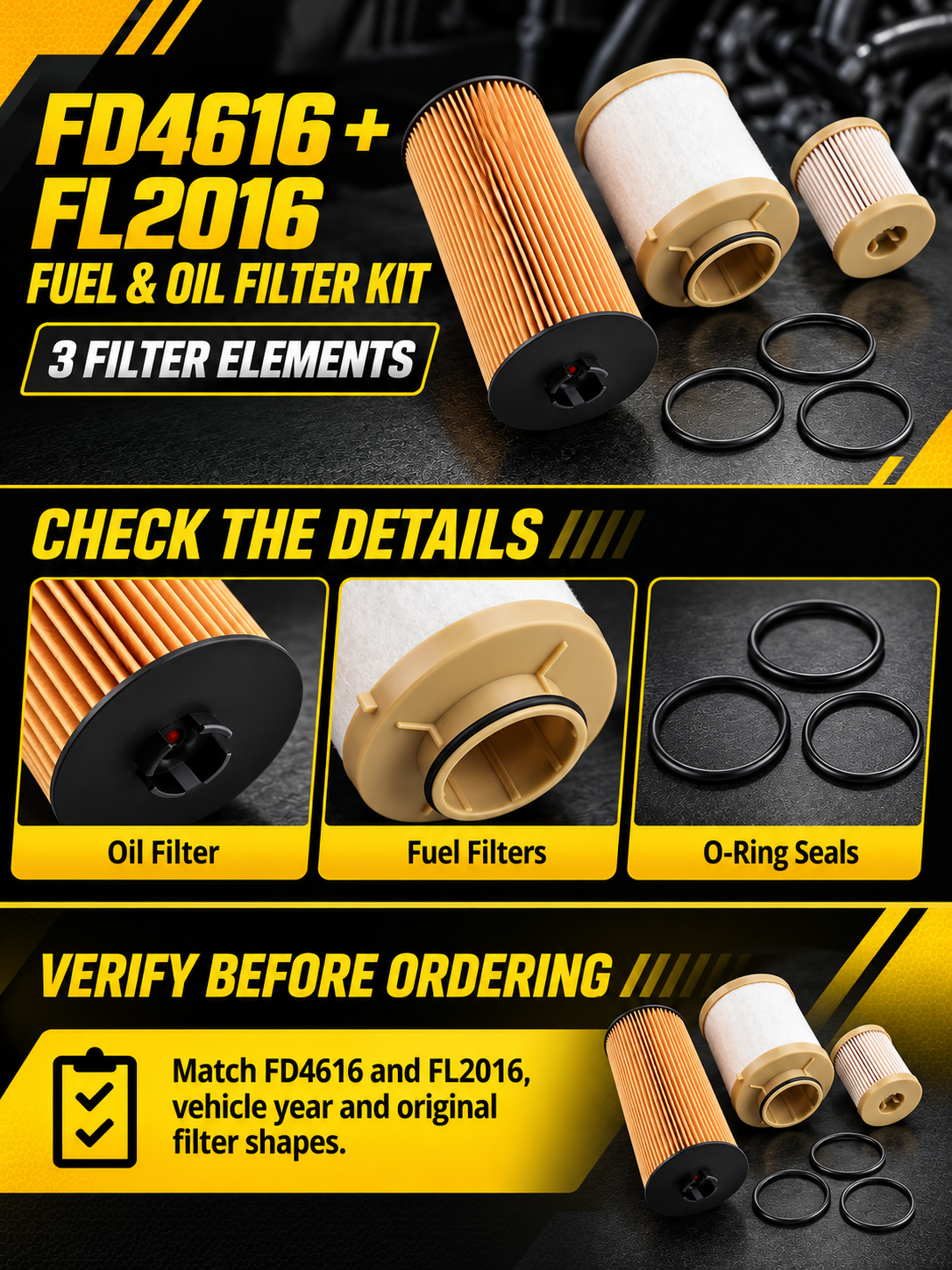 Vypart FD4616 FL2016 fuel and oil filter kit A+ guide showing three filter elements, O-ring seals and fitment check