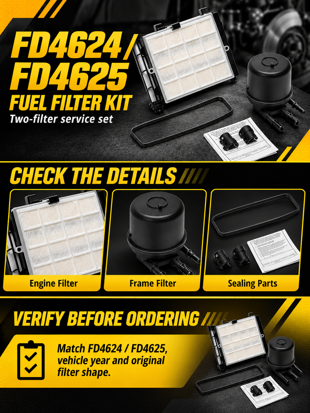 Vypart FD4624 FD4625 fuel filter kit A+ guide showing engine filter, frame filter, sealing parts and fitment check