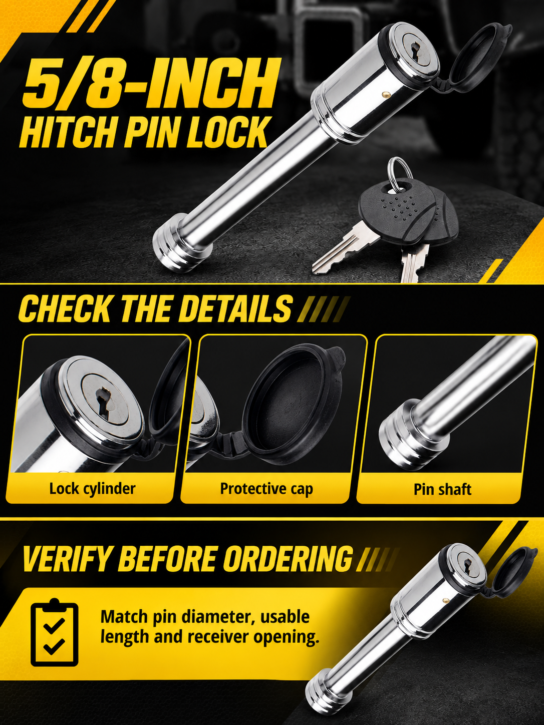 Vypart 5/8-inch hitch pin lock A+ guide showing lock cylinder, protective cap, pin shaft and size checks