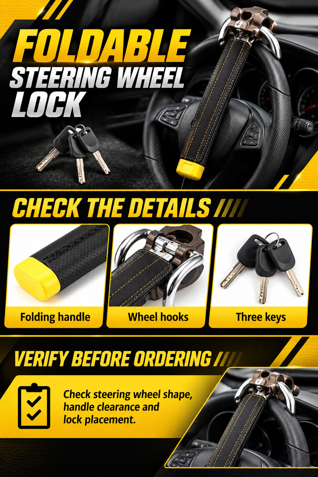 Vypart foldable steering wheel lock A+ guide showing folding handle, wheel hooks, three keys and fitment checks