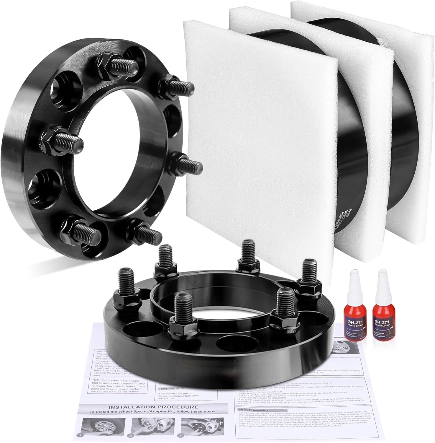 Retail packaging of the 4-piece Vypart forged wheel spacer kit with all studs, laid out on a clean background