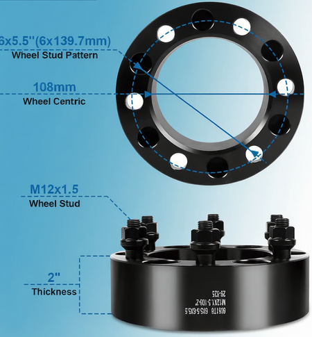 Close-up detail of the Vypart forged wheel spacer showing the precise 108mm hub bore and the included 12x1.5 thread conical seat lug nut