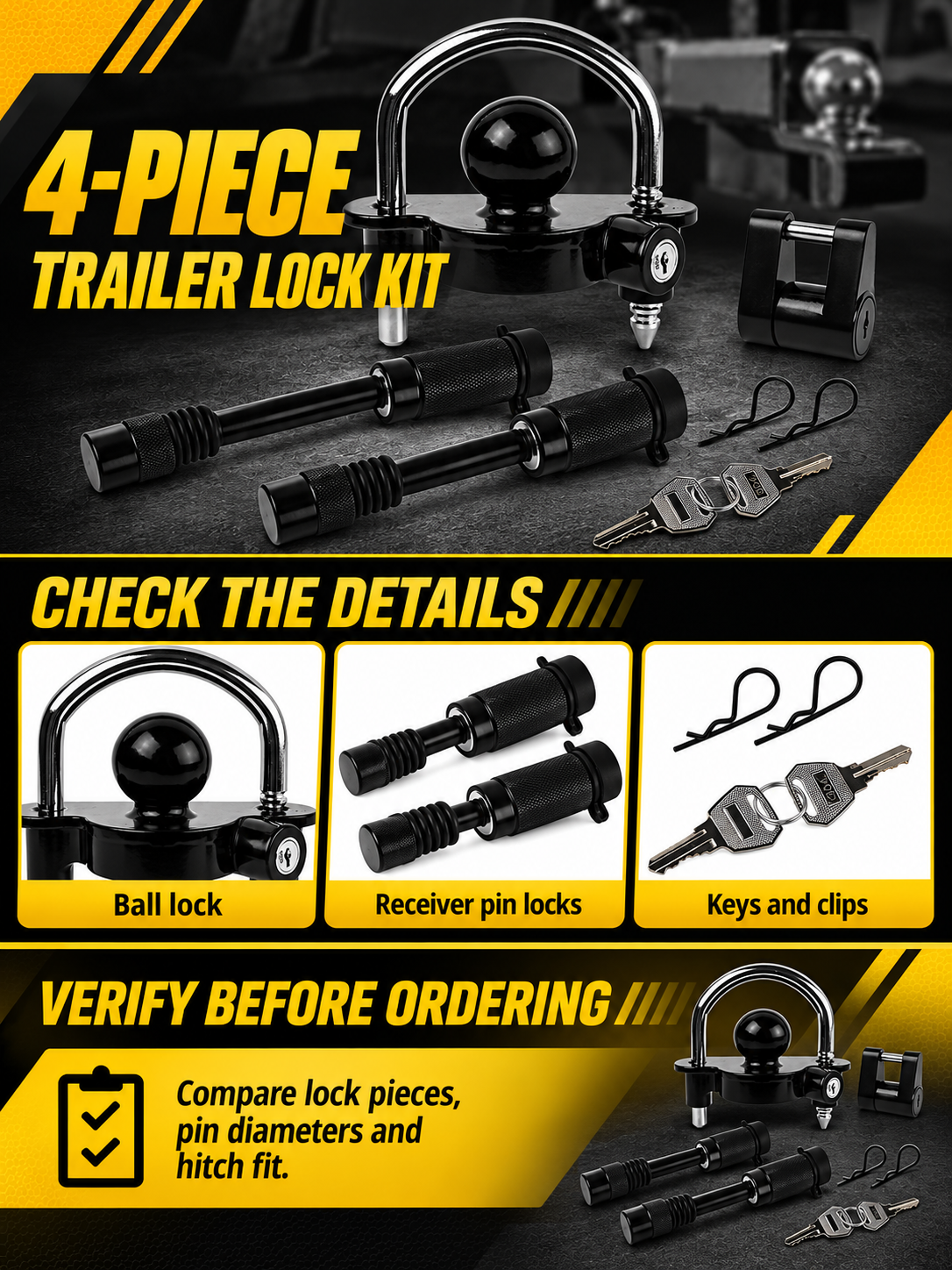 Vypart four-piece trailer lock kit A+ guide showing ball lock, receiver pin locks, keys and clips