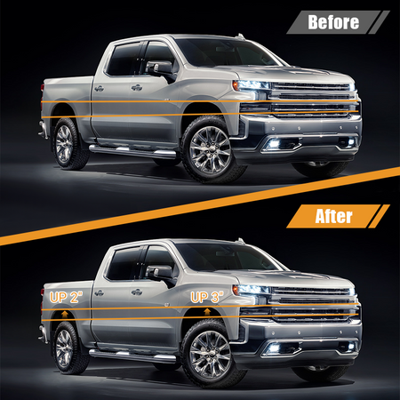 Truck body stance before and after rear suspension upgrade, demonstrates corrected uneven rear height after modification