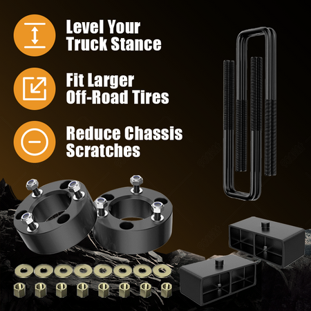Suspension upgrade benefits: balance truck posture, accommodate larger off-road tires, minimize chassis scraping on rough terrain