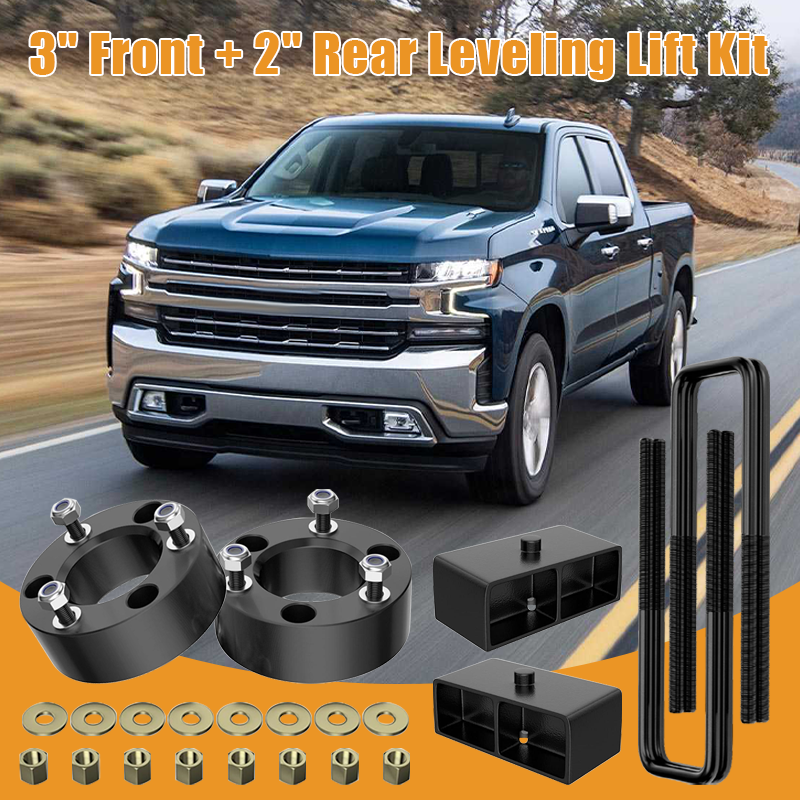 Pickup truck driving on off-road highway, display rear suspension lift hardware for truck modification