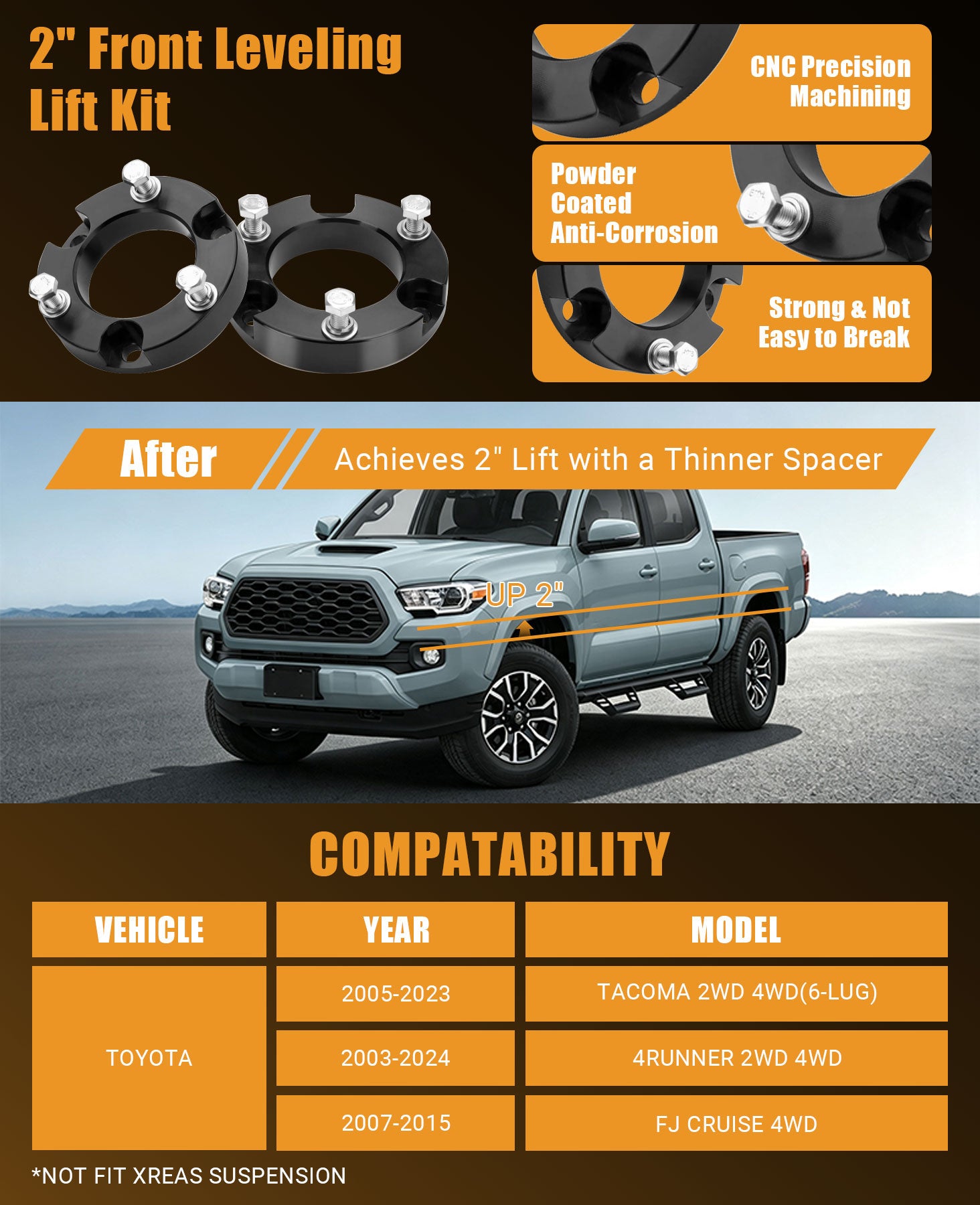 Optimize your Toyota’s off-road performance and appearance with this 2-inch front leveling lift kit. Forged from aircraft-grade aluminum billet and equipped with 10.9 grade solid bolts, it offers superior structural stability, ensuring safe and reliable driving even in extreme off-road and bumpy road conditions