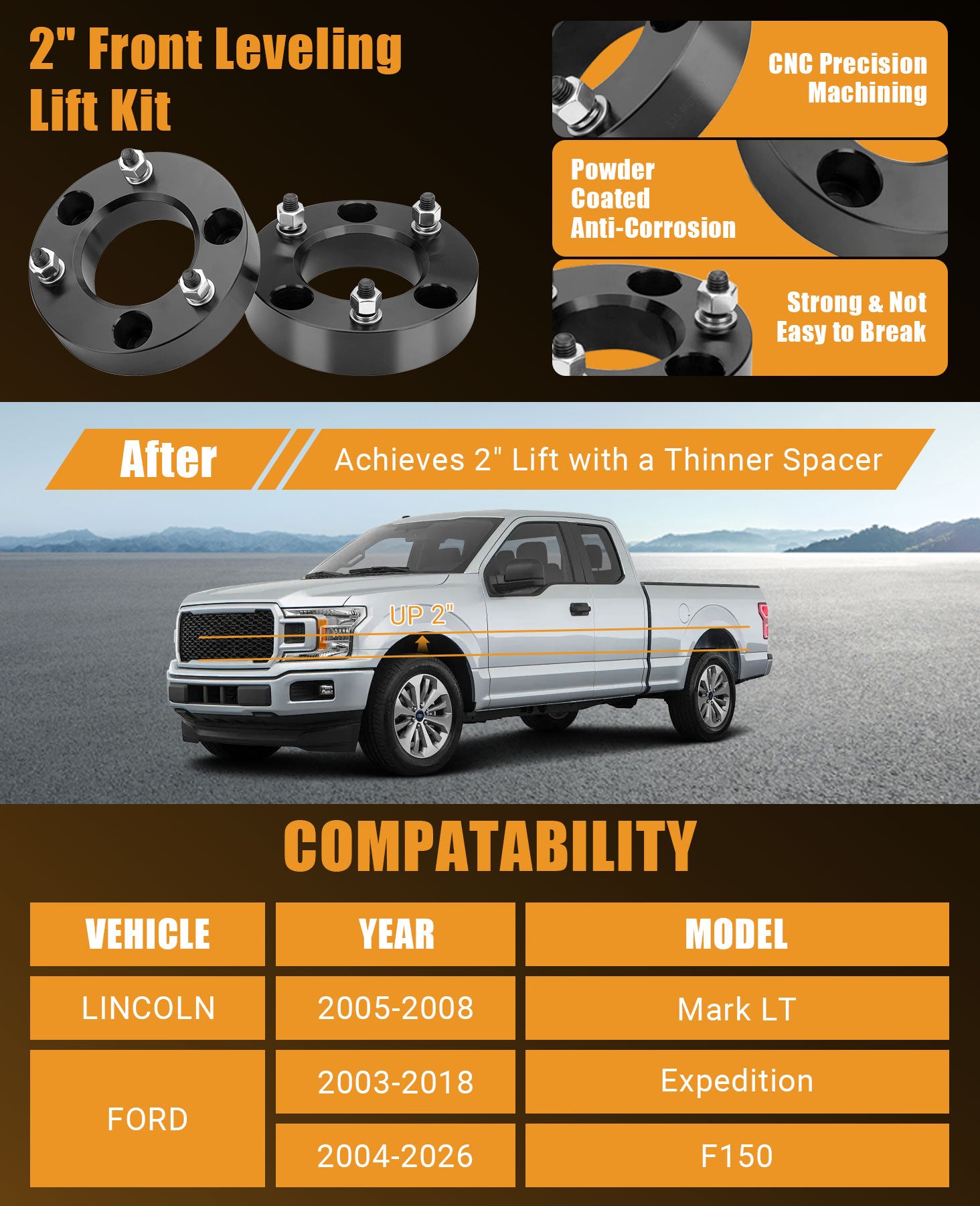 Designed to fix the factory nose‑down stance, this kit levels your pickup, increases ground clearance and makes room for larger off‑road tires for better off‑road performance and bold appearance. CNC‑machined aircraft‑grade aluminum with black powder coating provides solid rust and corrosion resistance. Equipped with grade 12.9 high‑tensile bolts, it stays stable without loosening or cracking on rough roads. All hardware is included for easy 1‑2‑hour DIY installation.