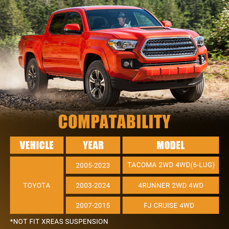 Vehicle fitment guide showing compatible years and models for Toyota pickup and SUV front suspension upgrade parts