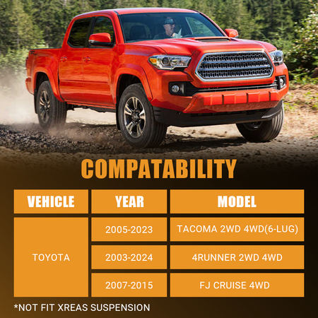 Vehicle fitment guide showing compatible years and models for Toyota pickup and SUV front suspension upgrade parts