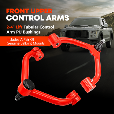 Red Vypart front upper control arm pair with ball joints and bushings, shown with a 2–4 inch lift application label
