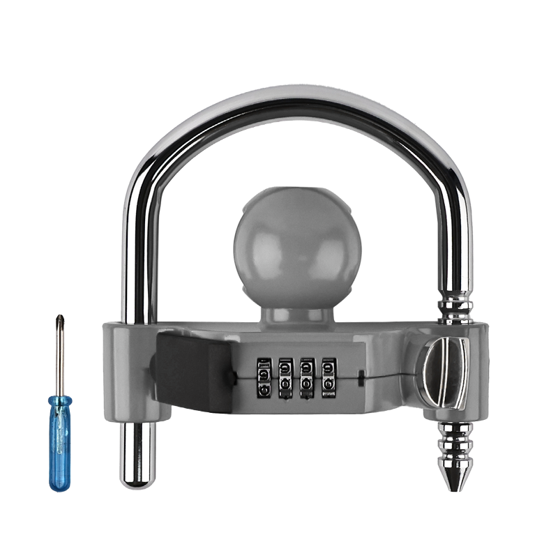 Vypart gray universal combination trailer lock for 1-7/8", 2", and 2-5/16" couplers, front view