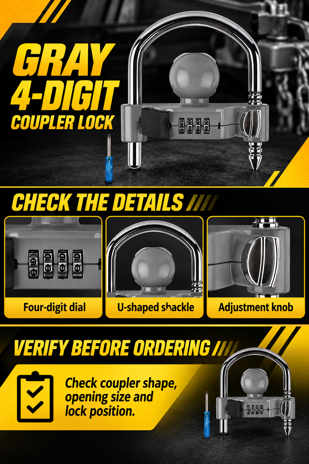 Vypart gray four-digit trailer coupler lock A+ guide showing number dial, U-shaped shackle and adjustment knob