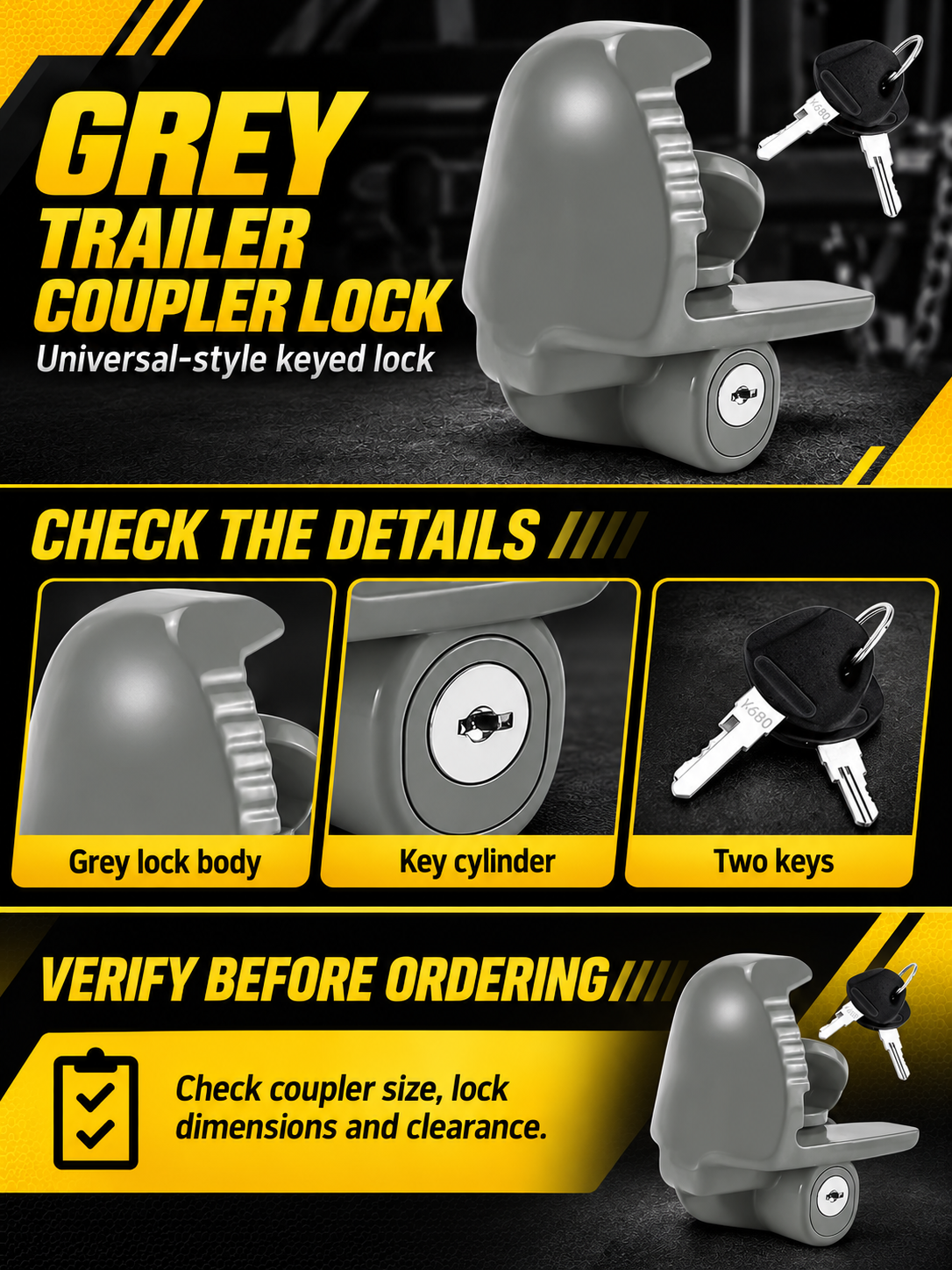 Vypart grey universal trailer coupler lock A+ guide showing keyed lock body, key cylinder, two keys and fit check