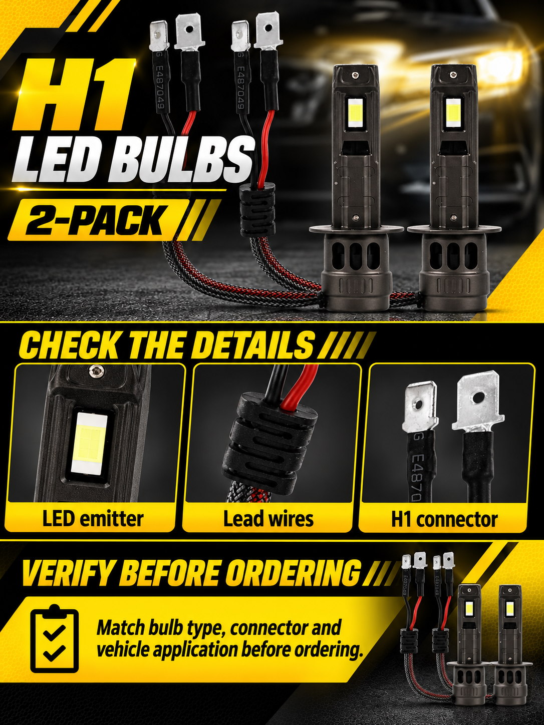 Vypart H1 LED bulbs 2-pack A+ guide showing LED emitter, lead wires, metal connectors and bulb type check