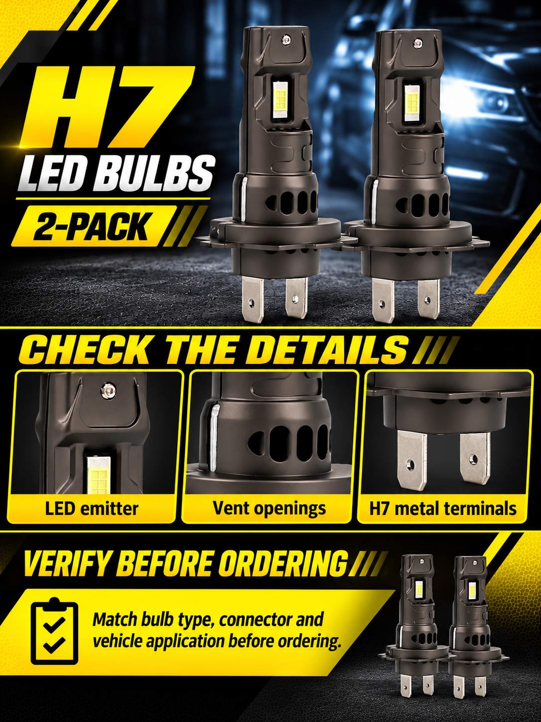 Vypart H7 LED bulbs 2-pack A+ guide showing LED emitter, vent openings, metal terminals and bulb type check