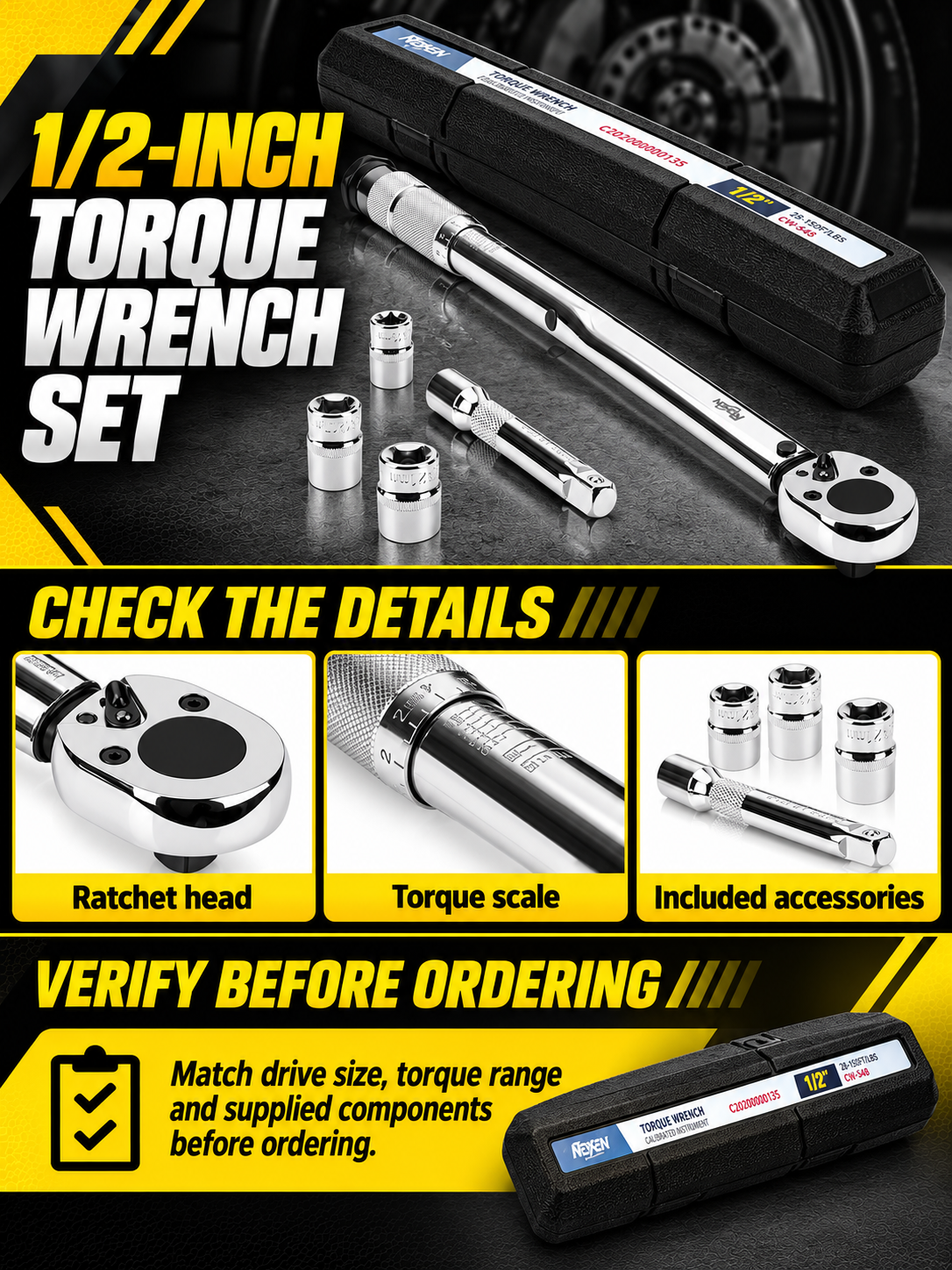 Vypart 1/2 inch 5-piece click torque wrench set A+ guide showing wrench head, handle, sockets and size check