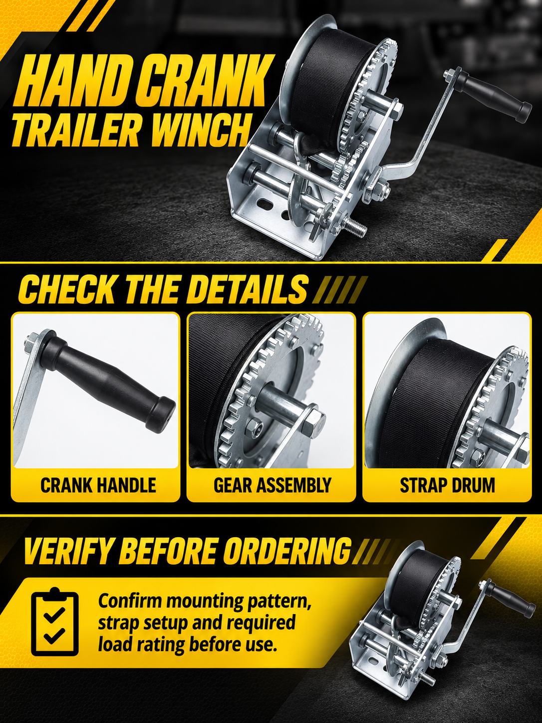 Vypart hand crank trailer winch A+ guide showing crank handle, gear assembly and strap drum