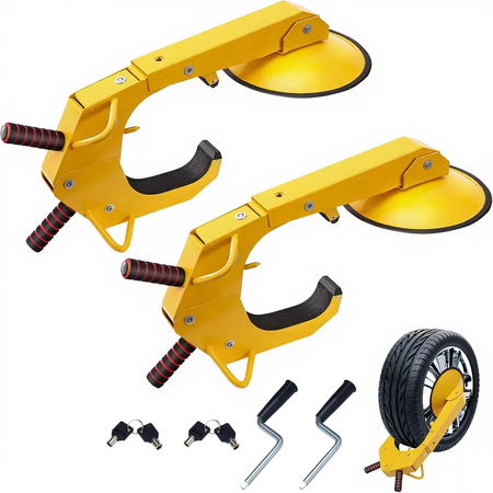 Vypart Heavy-Duty Wheel Lock Clamp with ring nuts, shown securing a trailer tire, with two keys on a solid background