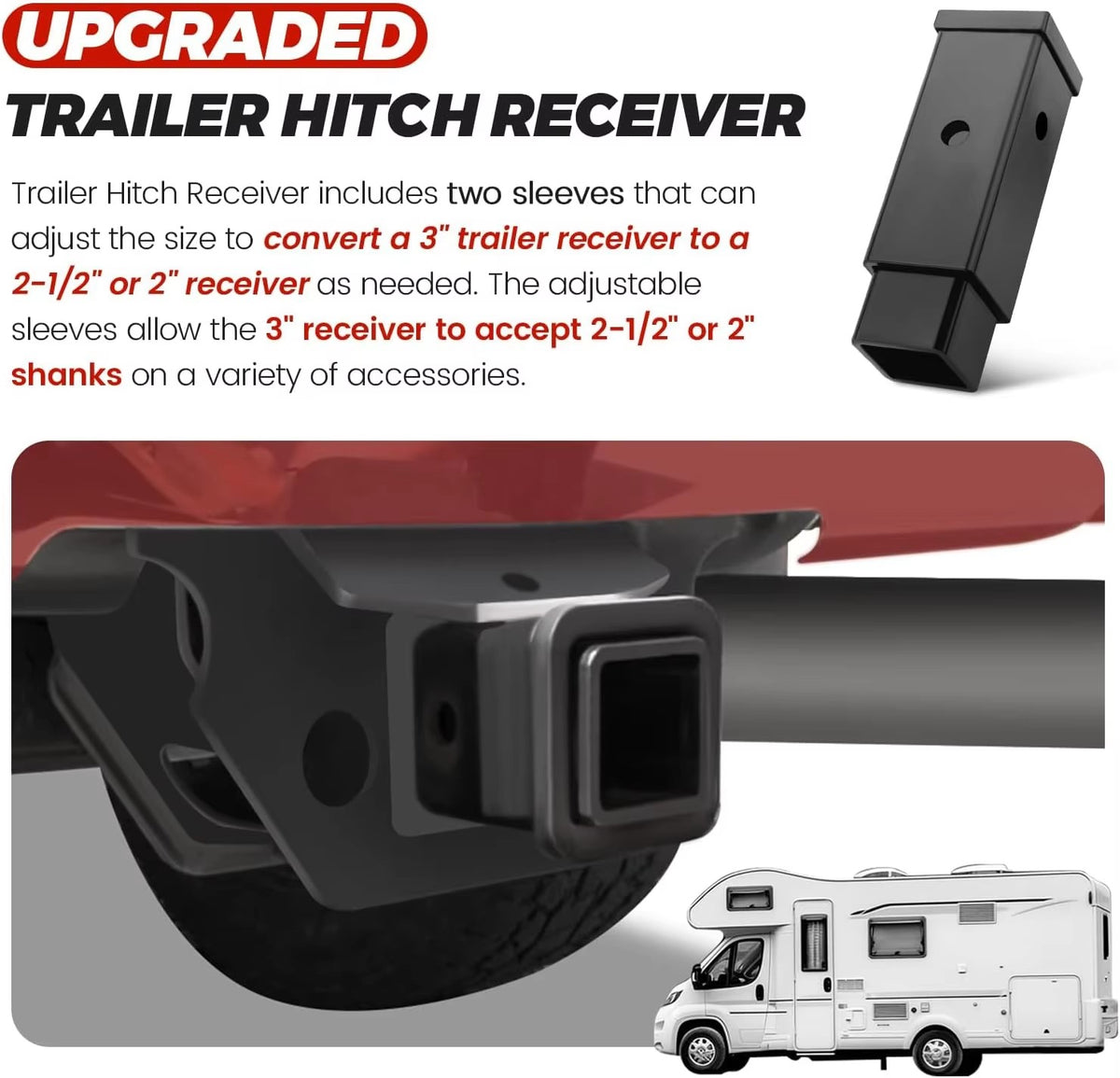 Compatibility chart showing Vypart adapter set fitting various truck and SUV hitch receiver sizes