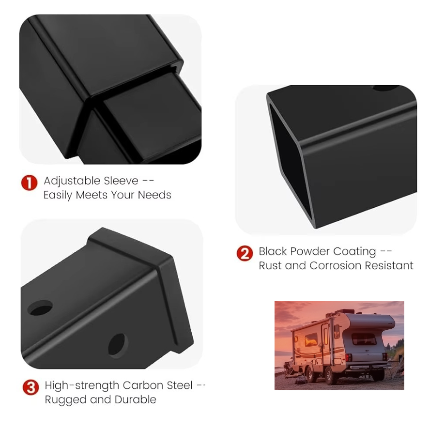 Exploded view of Vypart hitch adapter set showing each reducer sleeve, hitch pin, and safety clip separately with labels