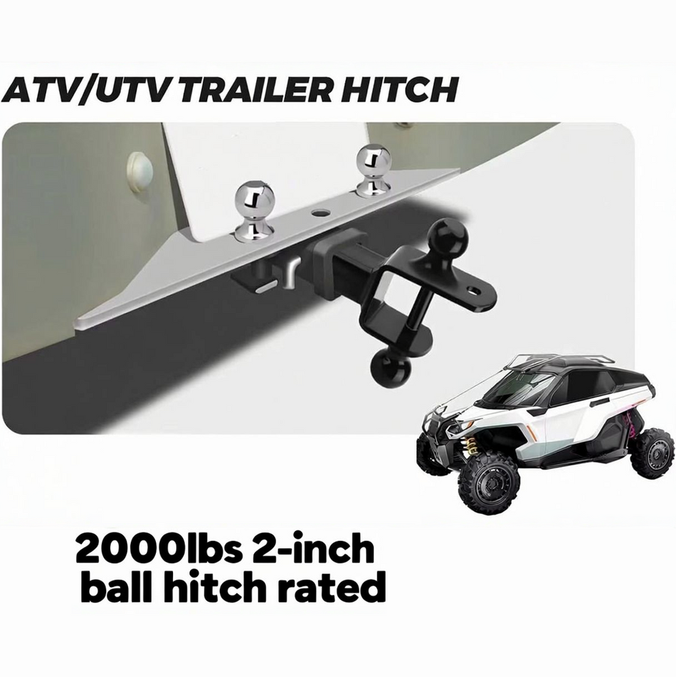 Vypart dual ball hitch securely mounted on the 2" receiver of an ATV or UTV, demonstrating fit and 1" rise