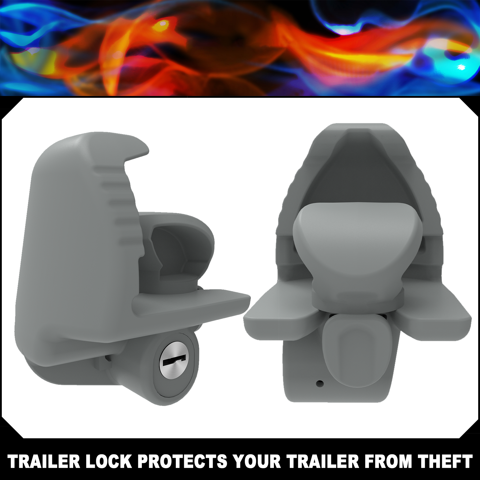 detail of the Vypart universal trailer hitch lock, showcasing the robust locking mechanism and keyway