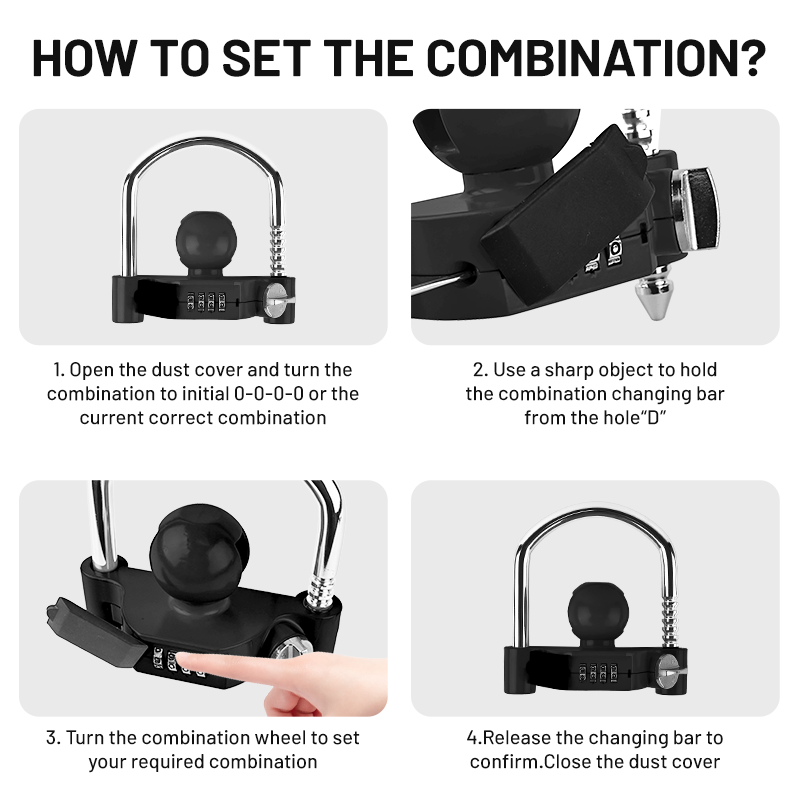 Vypart combination lock securely installed and locked on a standard trailer hitch coupler