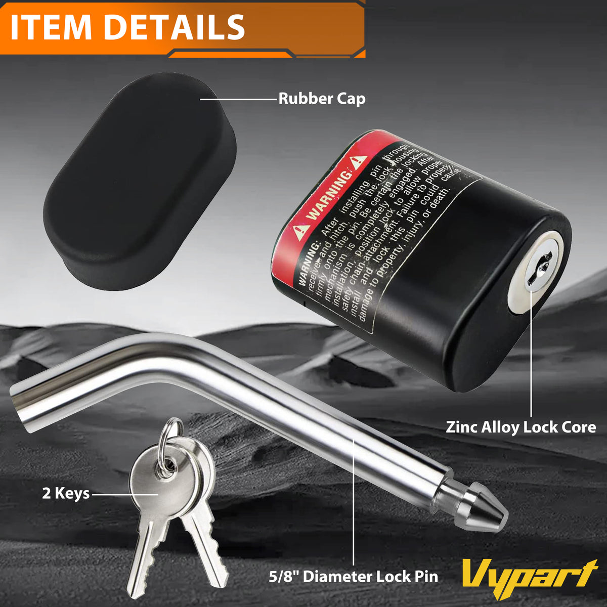 Vypart J-shape hitch lock securely installed in a Class IV truck receiver, demonstrating theft protection for trailer