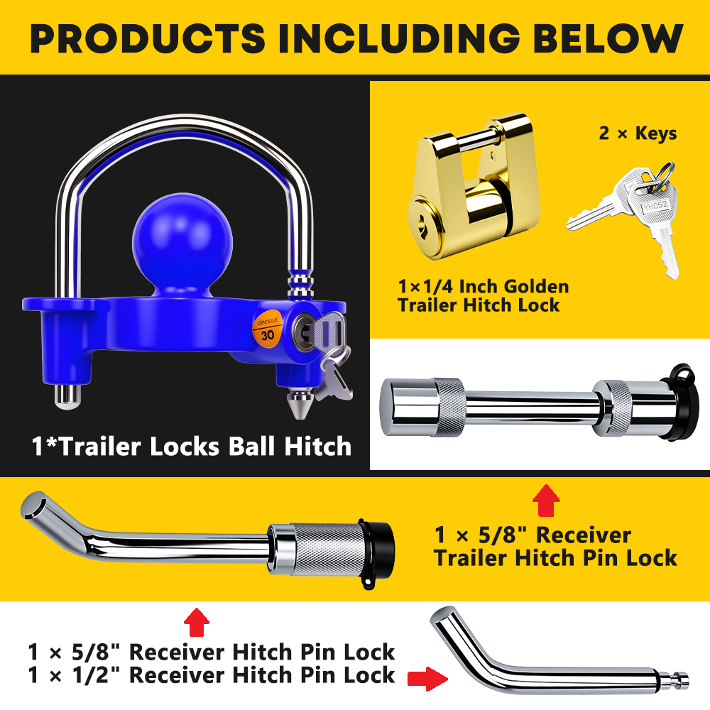 Breakdown of all components in the Vypart 4-in-1 towing hitch lock set: padlock, locking pins, and hitch lock