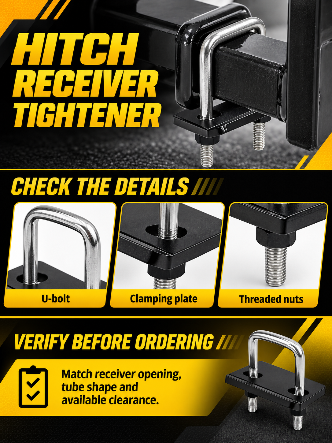 Vypart hitch receiver tightener A+ guide showing U-bolt, clamping plate, threaded nuts and fitment checks
