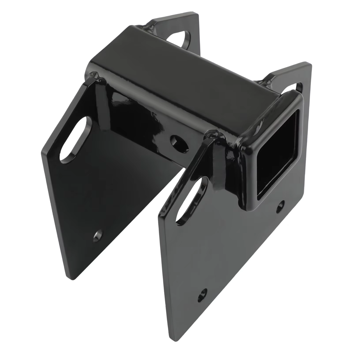 Close-up detail of the Vypart hitch receiver showing robust steel construction, clean welding, and durable black powder coating