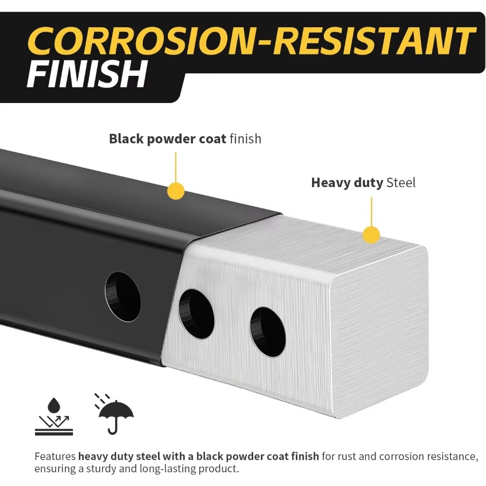 Close-up of Vypart hitch riser showing 1-inch increment adjustment holes for precise 6-inch drop or rise setting