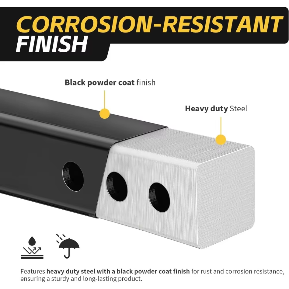 Close-up of Vypart hitch riser showing 1-inch increment adjustment holes for precise 6-inch drop or rise setting