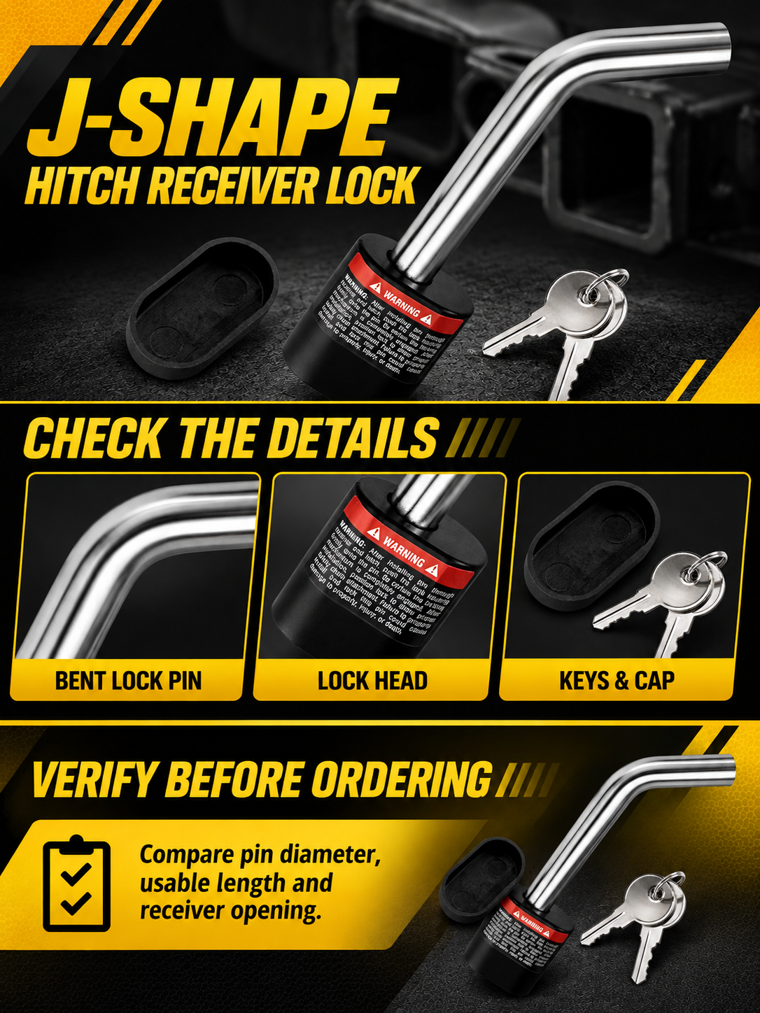 Vypart J-shape hitch receiver lock A+ guide showing bent pin, black lock head, cap and keys