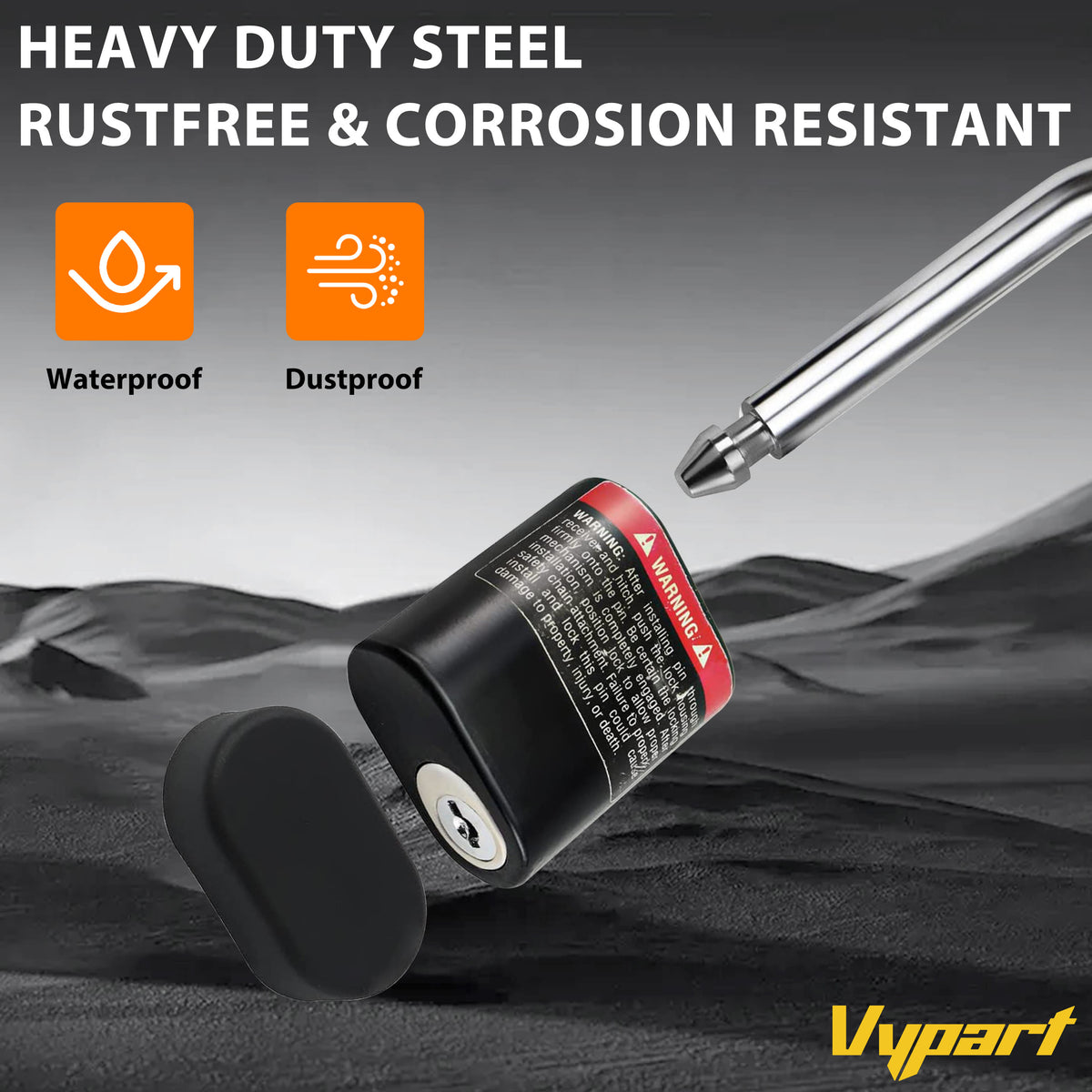 Macro detail of Vypart hitch lock's black powder-coated finish, highlighting rust and corrosion resistance