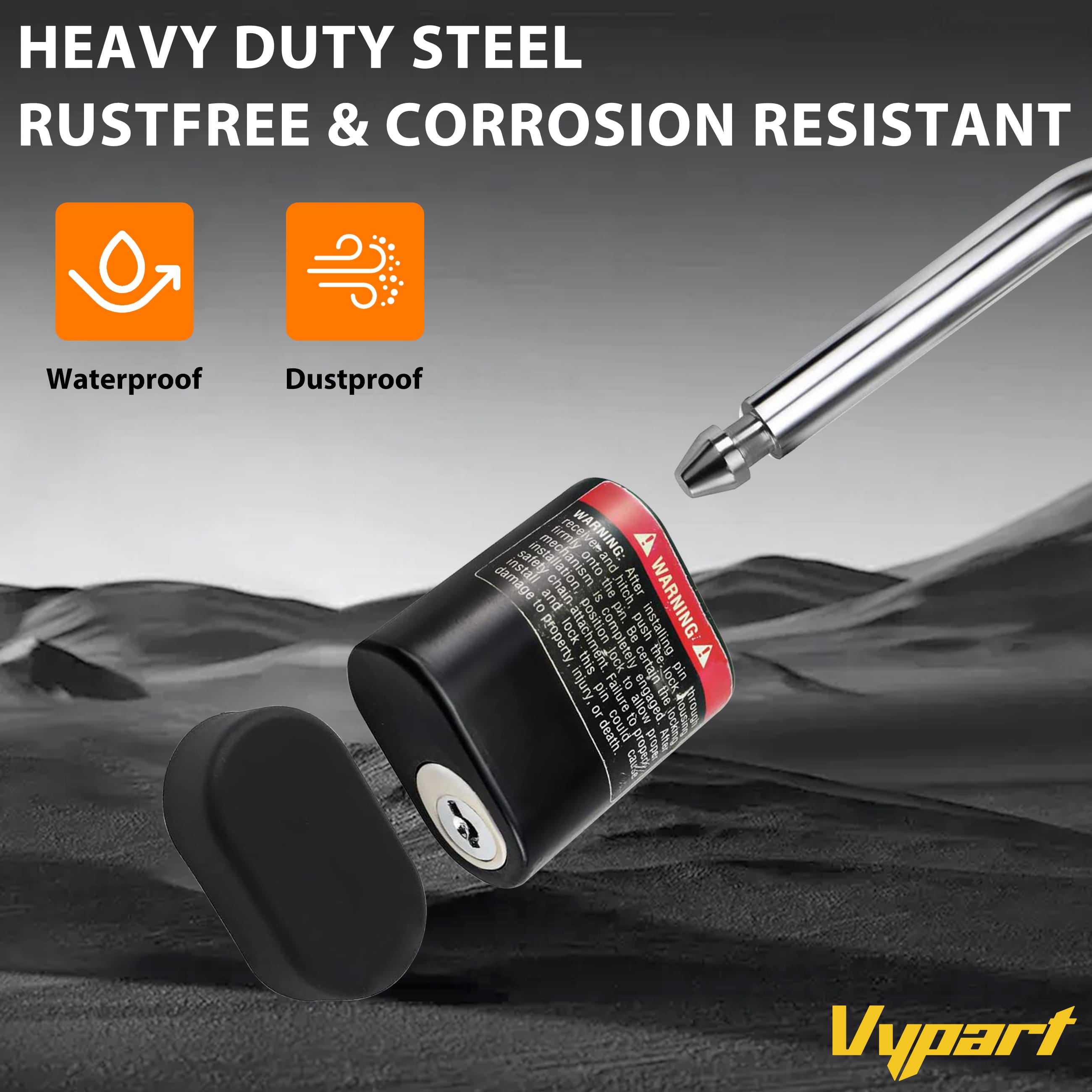 Macro detail of Vypart hitch lock's black powder-coated finish, highlighting rust and corrosion resistance