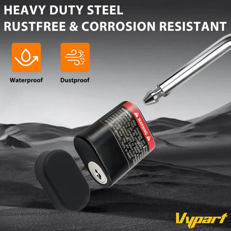 Macro detail of Vypart hitch lock's black powder-coated finish, highlighting rust and corrosion resistance